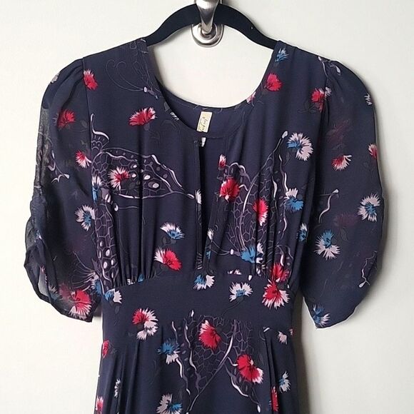 Free People 2 XS Bonnie Dress Floral CottageCore Blue Fit Flare Boho Coquette - Picture 6 of 15